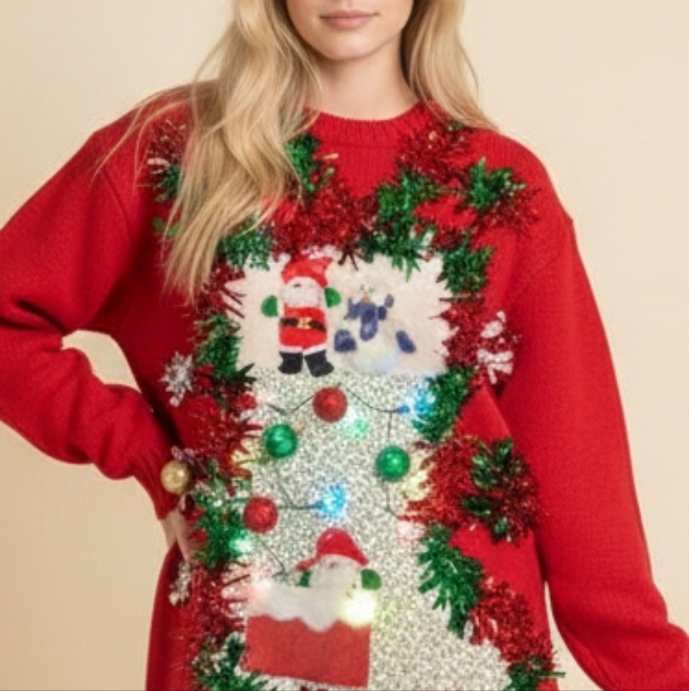 Uglyiest Light Up Christmas Sweater stocking Vintage Style Santa Chimney XL